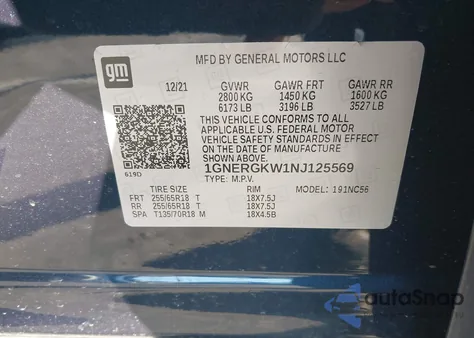 2022 Chevrolet Traverse Fwd Lt Cloth из США, поврежденный, VIN 1GNERGKW1NJ125569